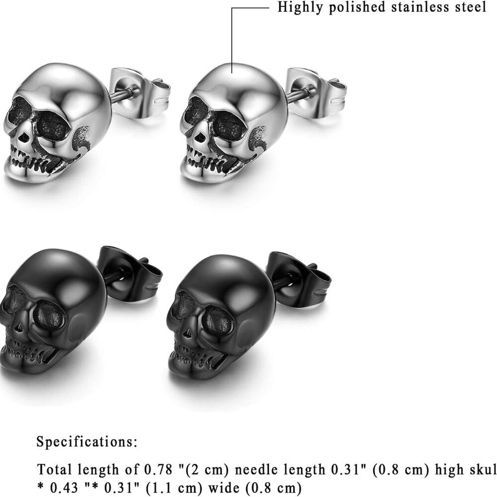2 Pairs Punk Stainless Steel Stud Skull Earrings, Mens Silver Black Rock Ear Pie View 3